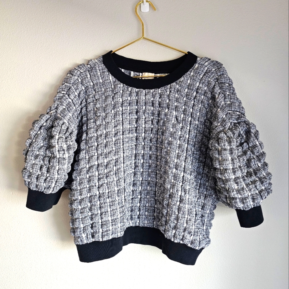 MAEVE ANTHROPOLOGIE Textured Plaid Balloon Sleeve Black and White Top Large